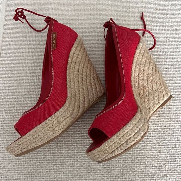 SERGIO ROSSI Red Fabric Espadrille Heels Size 39. - Picture 6 of 9